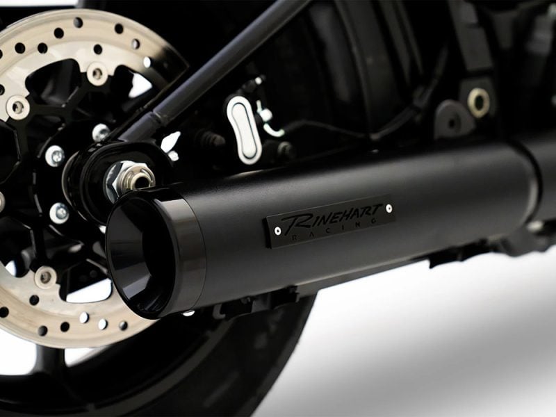 Sleek black motorcycle exhaust, high-performance racing muffler by Rinehart Racing.