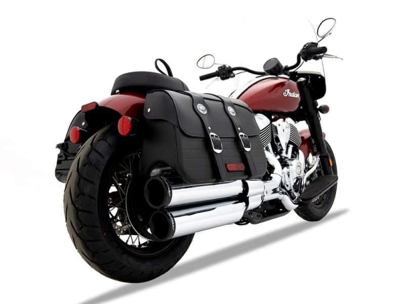 VINTAGE Indian motorcycle with black leather saddlebags and chrome exhaust pipes.