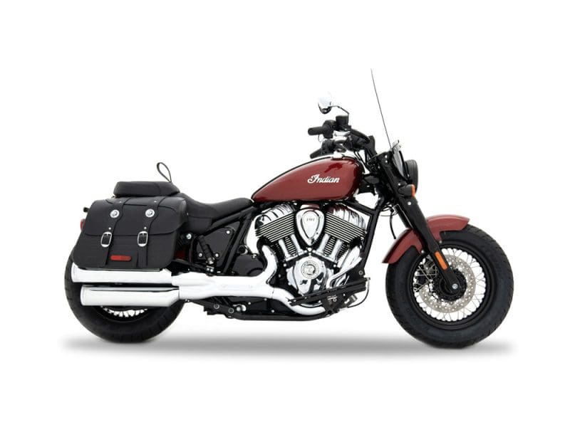 Vintage Indian motorcycle with black leather saddlebags and chrome exhausts for sale in Australia.