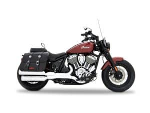 Vibrant Indian Motorcycle Rebel with black leather side bags, highlighting custom cruiser motorbikes.