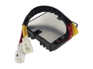 High-performance motorcycle voltage regulator, durable black housing with wiring harness.