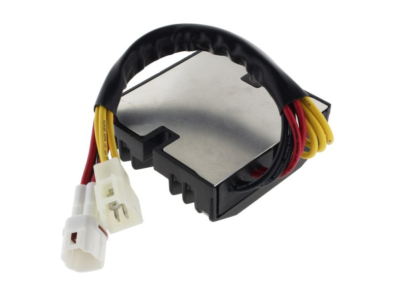 High-performance motorcycle voltage regulator, durable black housing with wiring harness.