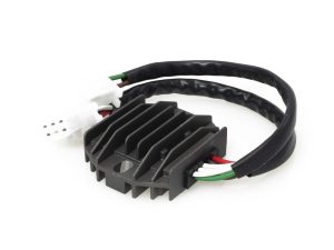 Motorcycle voltage regulator rectifier for Revelry Motorcycles, essential for electrical system stability.
