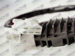 White electrical connector attached to black heatsink, motorbike electronic component.