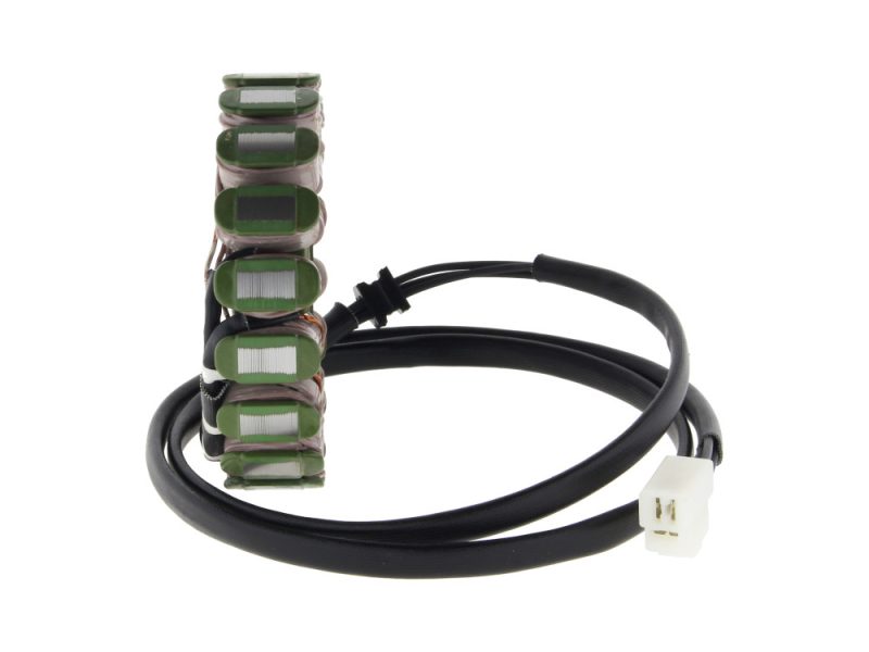 Small black motorcycle coil with green ignition modules for Revelry Motorcycles Australia's custom motorcycle builds.