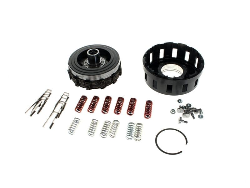 Complete Apex Billet Clutch with Basket. Fits Dyna 2006-2010 High-performance motorcycle clutch kit components with springs and plates for Revelry Motorcycles.
