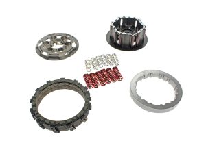 High-performance motorcycle clutch components including springs and plates for upgrades.
