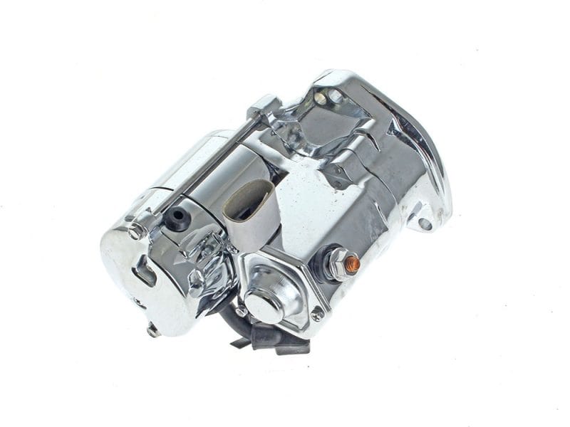 Shiny chrome motorcycle engine part for Harley Davidson bikes.