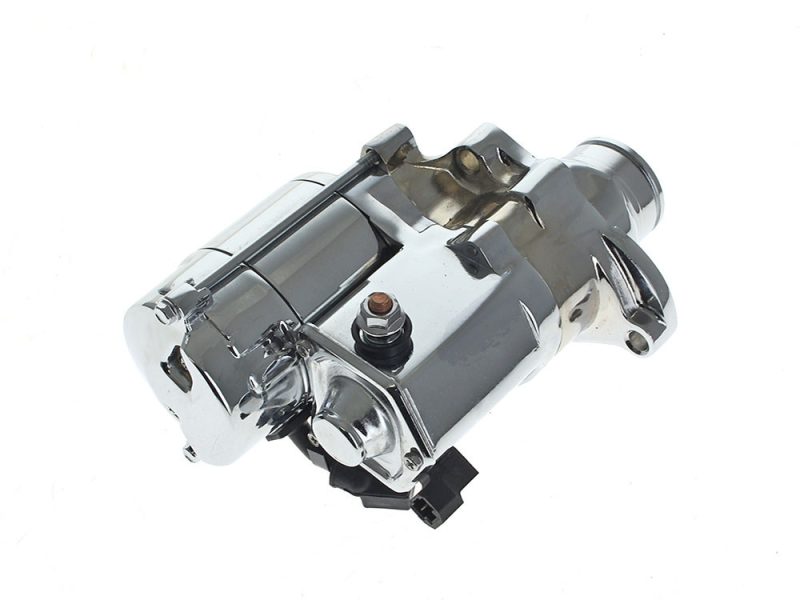 1.4kw Starter Motor - Chrome. Fits Softail 2007-2017 High-performance motorcycle part from Revelry Motorcycles, polished chrome finish.