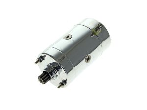 High-performance motorcycle starter motor, chrome finish with mounting screws, Revelry Motorcycles Australia.