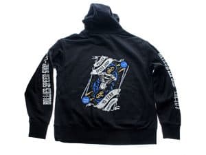 Bright black hoodie with Revelry Motorcycles 45th anniversary embroidered patch and text, perfect for motorcycle enthusiasts.