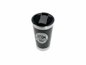 Stainless steel travel mug with Revelry Motorcycles logo, perfect for motorcycle enthusiasts.