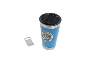 Stainless steel travel mug with "Rally" motorcycle graphic for motorcycle enthusiasts and riders.