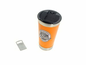 Stainless steel travel mug with motorcycle logo, ideal for bikers and motorcycle enthusiasts.