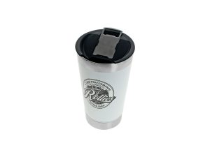 Stainless steel travel mug with motorcycle-themed design and lid, ideal for motorcycle enthusiasts.