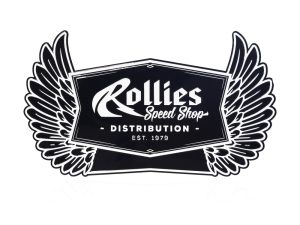 Rollies Speed Shop vintage motorcycle logo, black and white design with wings, established 1979.