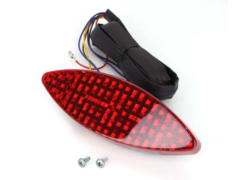 Bright red LED motorcycle tail light with wiring and mounting screws for Revelry Motorcycles.