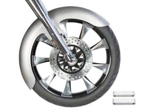Sleek custom motorcycle front wheel with disc brake, chrome finish, and black tire for Harley Davidson bikes.