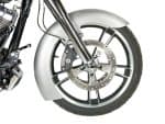 Modern motorcycle front wheel and disc brake system, showcasing high-performance riding parts.