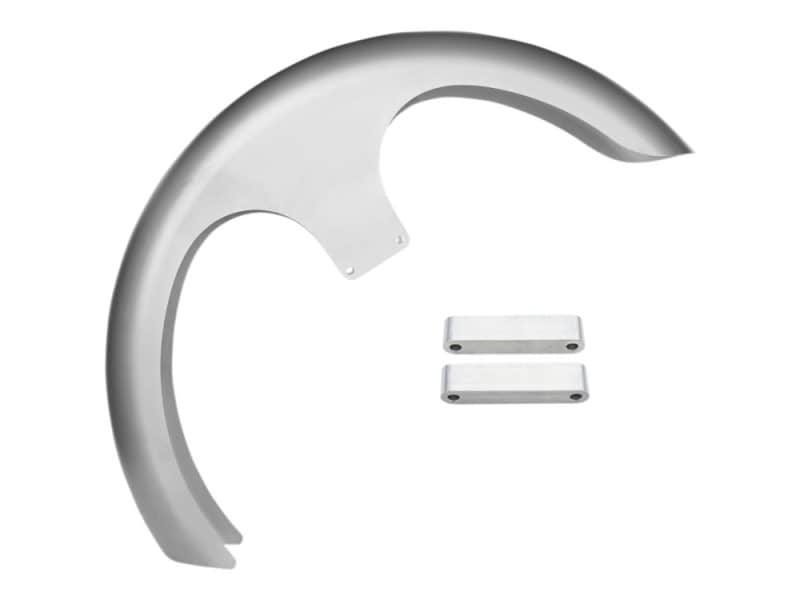 6in. wide Bright aluminium motorcycle fender and mounting brackets for custom rides.