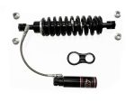 High-performance motorcycle shock absorber with remote reservoir for Revelry Motorcycles.