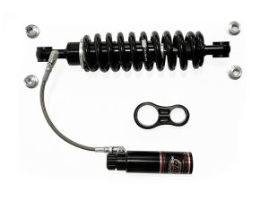 High-performance motorcycle shock absorber with remote reservoir for Revelry Motorcycles.