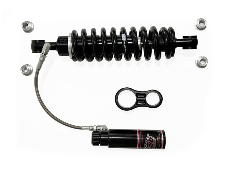 High-performance motorcycle shock absorber with remote reservoir for Revelry Motorcycles.