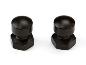 Black motorcycle frame sliders for protection, ideal for Revelry motorcycles enthusiasts.