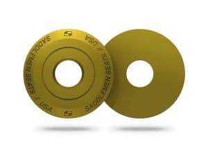 Yellow motorcycle seat comfort pads with USA and SADDLEN design for Revelry Motorcycles.