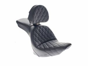 Luxury black quilted motorcycle passenger seat for Revelry Motorcycles bikes.