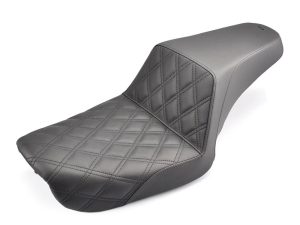 Comfortable black motorcycle seat with quilted stitching, ideal for Revelry Motorcycles customization.