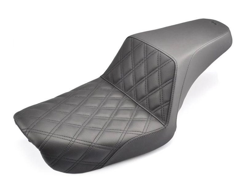 Step-Up LS Dual Seat with Black Double Diamond Lattice Stitch. Fits Dyna 2004-2005. Comfortable black motorcycle seat with quilted stitching, ideal for Revelry Motorcycles customization.