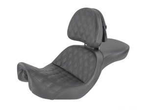 Comfortable black motorcycle seat with quilted leather design for Revelry Motorcycles in Australia.