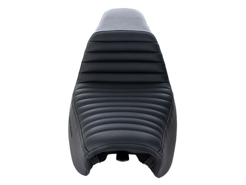 Saddle seat for motorcycle, black leather custom design, ideal for Revelry Motorcycles.