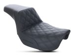 Premium black motorcycle seat with quilted leather design for Revelry Motorcycles.