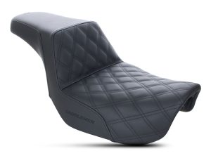 Premium black motorcycle seat with quilted leather design for Revelry Motorcycles.