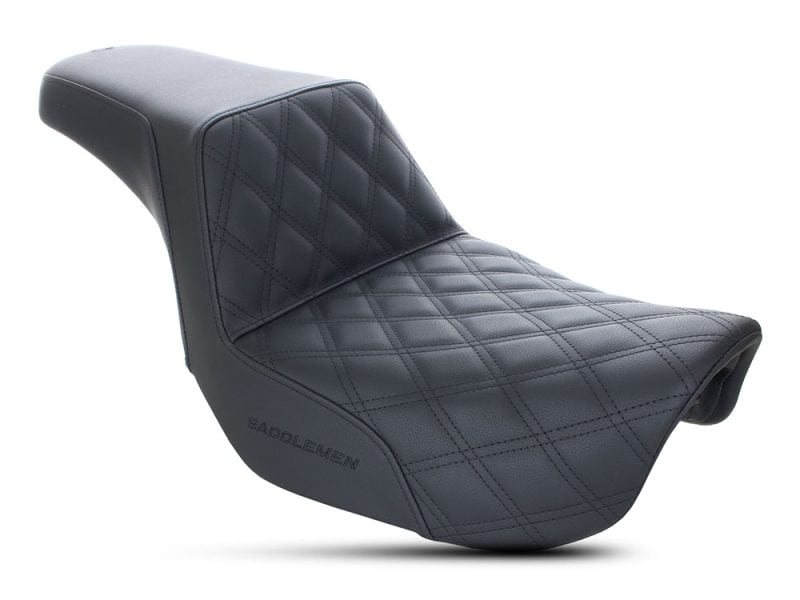 Premium black motorcycle seat with quilted leather design for Revelry Motorcycles.