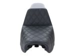 Black leather motorcycle seat with diamond stitching for Revelry Motorcycles AU.
