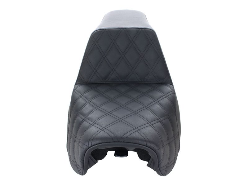 Black leather motorcycle seat with diamond stitching for Revelry Motorcycles AU.