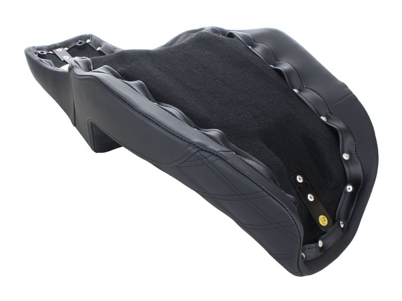 Comfortable black leather motorcycle seat with cushioning and fitting hardware for Revelry Motorcycles.