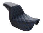 Black motorcycle seat with blue stitching, high-quality custom motorcycle accessories from Revelry Motorcycles.