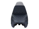 Velo seat cover with blue diamond stitching for motorcycle comfort and style.