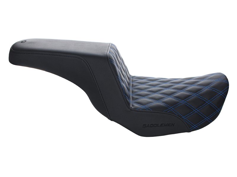 Comfortable black motorcycle seat with blue diamond stitching for Harley Davidson bikes.