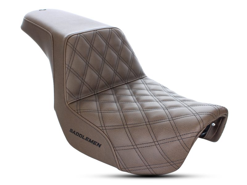 High-quality motorcycle seat with quilted brown leather for Revelry Motorcycles enthusiasts.
