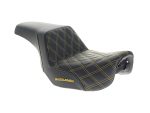 High-quality motorcycle seat with black leather and yellow stitching, perfect for custom Revelry Motorcycles.