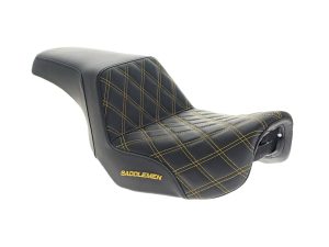 High-quality motorcycle seat with black leather and yellow stitching, perfect for custom Revelry Motorcycles.