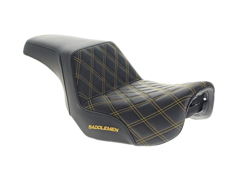 High-quality motorcycle seat with black leather and yellow stitching, perfect for custom Revelry Motorcycles.