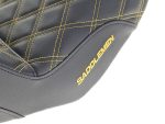 Premium motorcycle seat with quilted design, black leather, and gold branding for Sleek Riding Style.