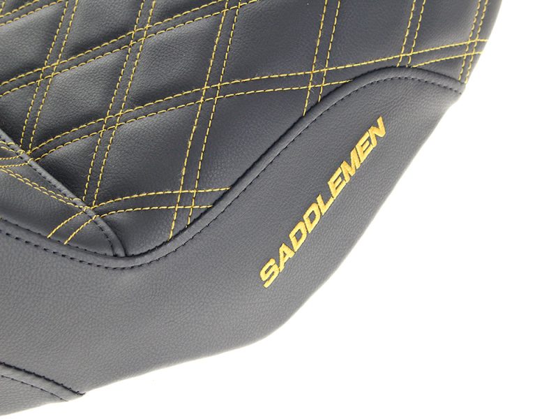 Premium motorcycle seat with quilted design, black leather, and gold branding for Sleek Riding Style.