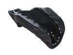 High-quality black motorcycle seat with leather stitching from Revelry Motorcycles.